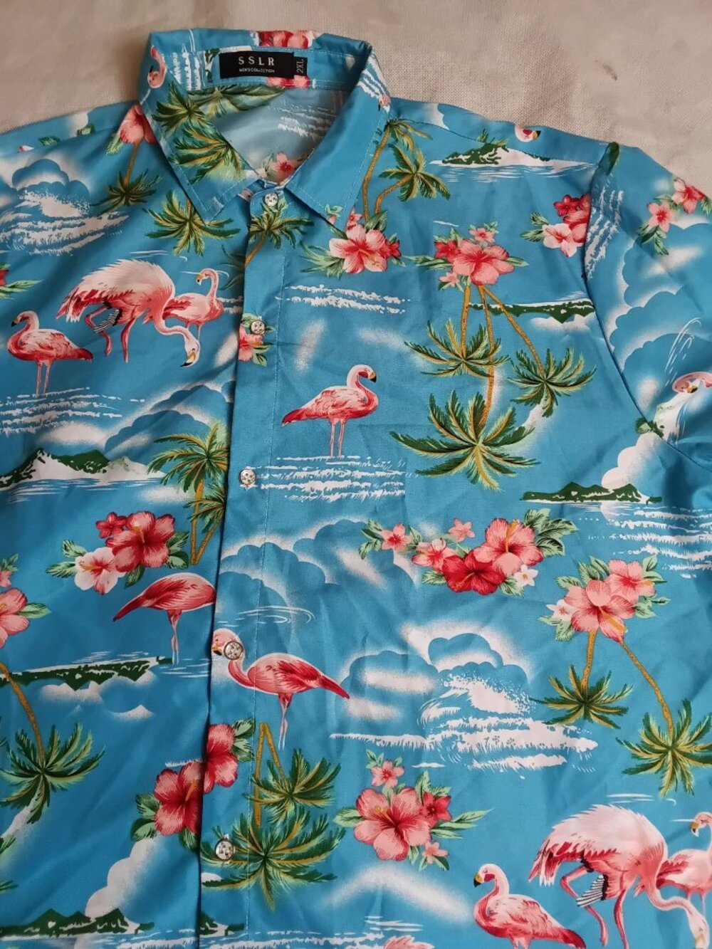 SSLR Men's Flamingos Casual Short Sleeve Aloha Hawaiian Shirt XXL